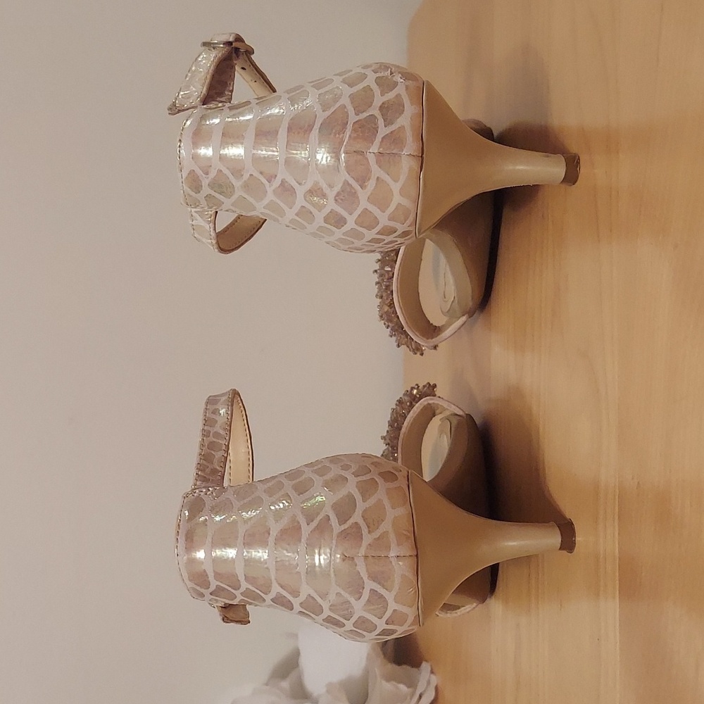 Alex Marie Champagne Beaded Animal Print Leather Ankle Strap Heels Size 6.5 - Picture 5 of 16